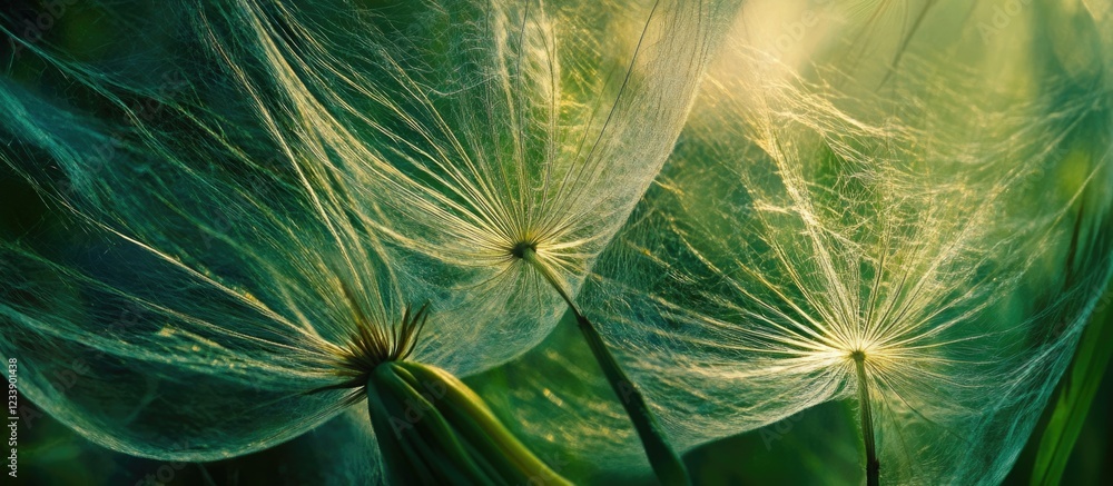 Poster detailed macro close-up of dandelion seeds with ethereal lighting and soft background, botanical nat