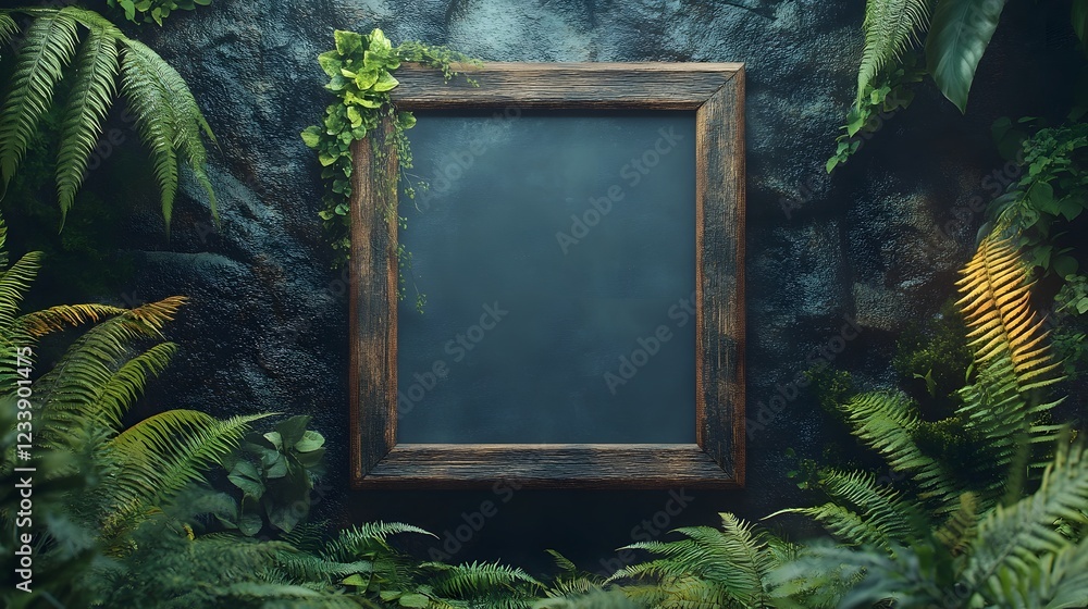 Aufkleber vintage wooden frame surrounded by dense lush tropical foliage in a mysterious moody forest landscap