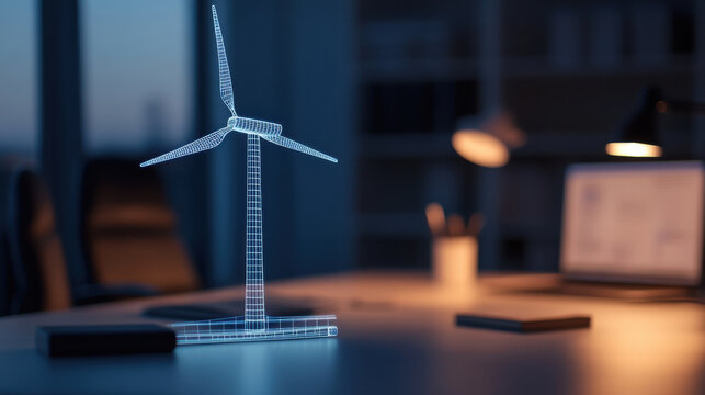 glowing holographic wind turbine model displayed on desk at night