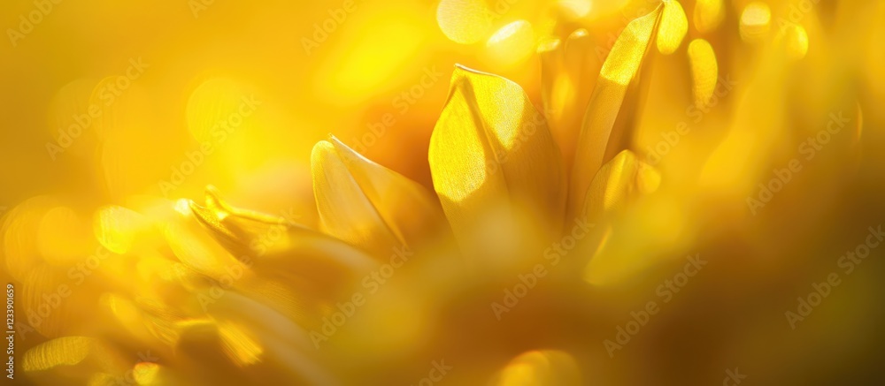 Poster macro close-up of yellow chrysanthemum petals with blurred background and bokeh effect