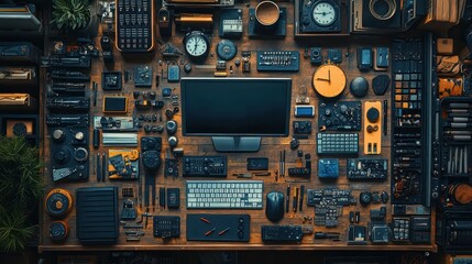 Fototapeta premium Organized Chaos: A meticulously arranged workspace filled with an array of vintage and modern tech gadgets, tools, and instruments, showcasing a blend of artistry and functionality.