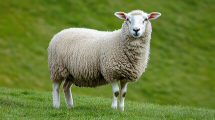 Fototapeta premium Sheep standing on green pasture with lush background and clear sky Copy Space