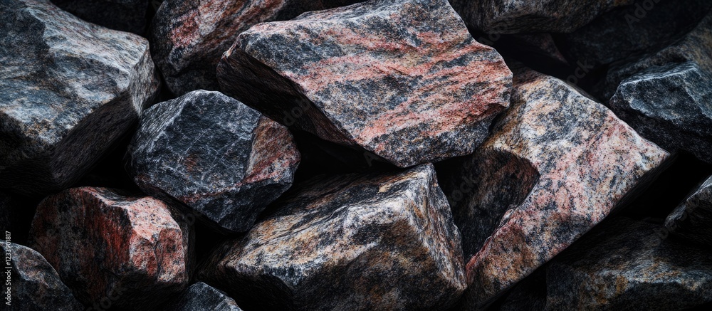 Poster textured surface of various dark mineral rocks with natural patterns and colors copy space