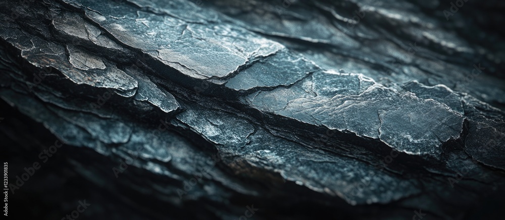 Poster close-up view of textured dark slate rock layers with detailed surface patterns and natural color va