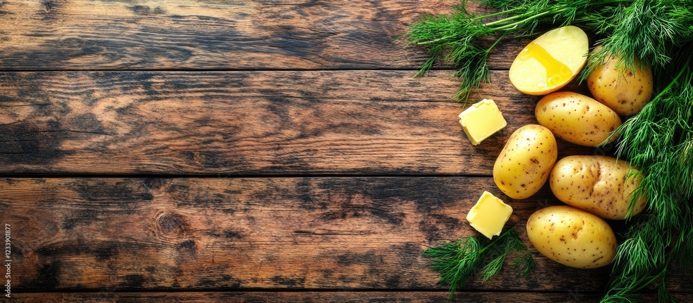 Aufkleber fresh potatoes and dill with butter on rustic wooden table background with copy space