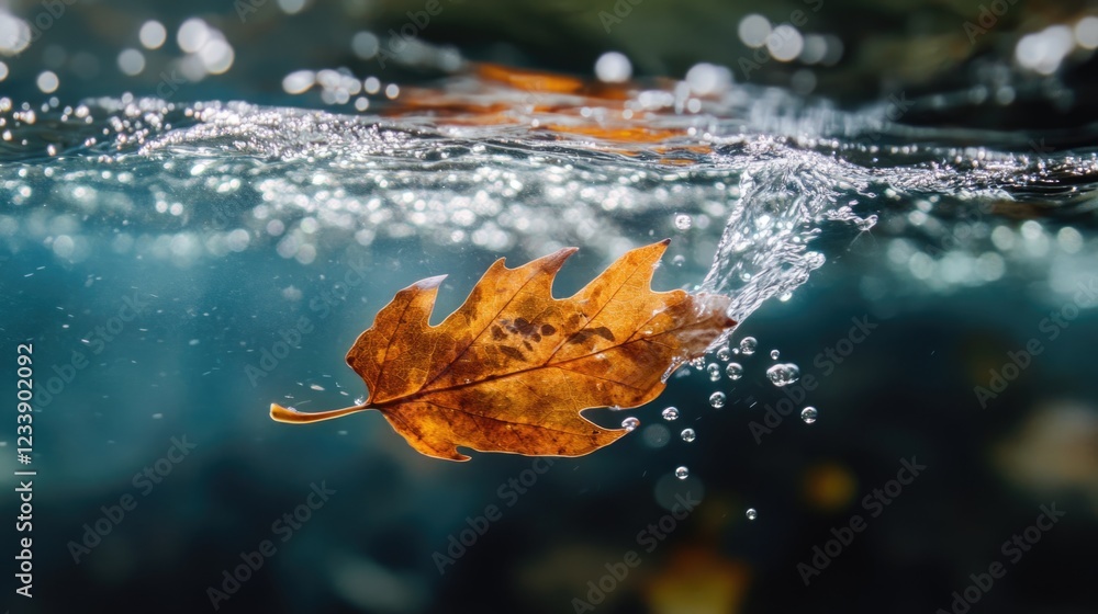 Poster underwater view of a single autumn leaf surrounded by bubbles in clear water with copy space for tex