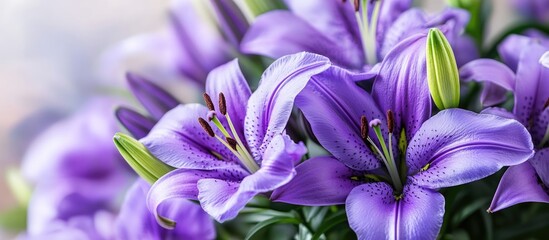 Vibrant purple lilies bouquet with fresh buds on blurred background Copy Space
