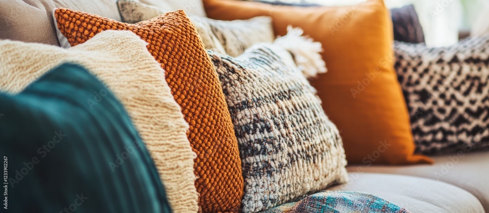Poster decorative throw pillows on a sofa with colorful textures and patterns showcasing modern interior de