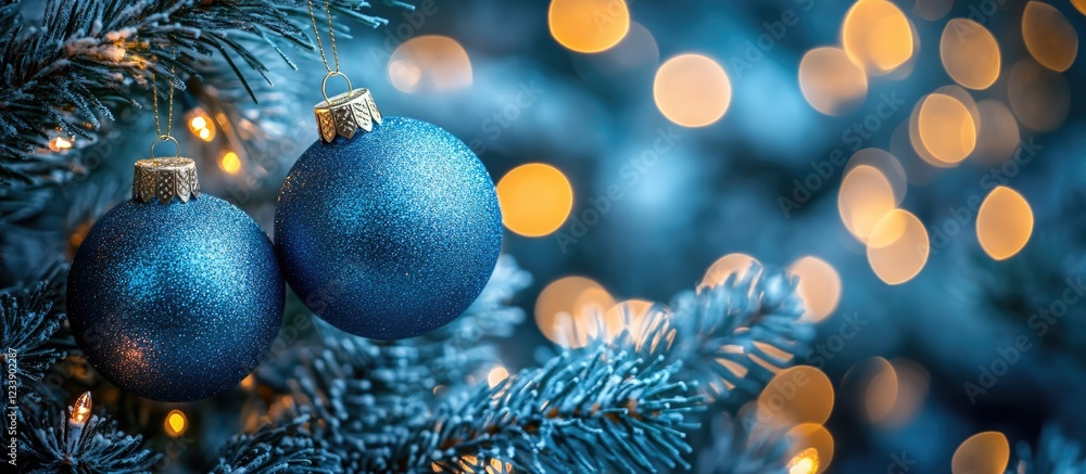 Poster blue christmas ornaments hanging on a pine tree with soft bokeh lights in the background copy space
