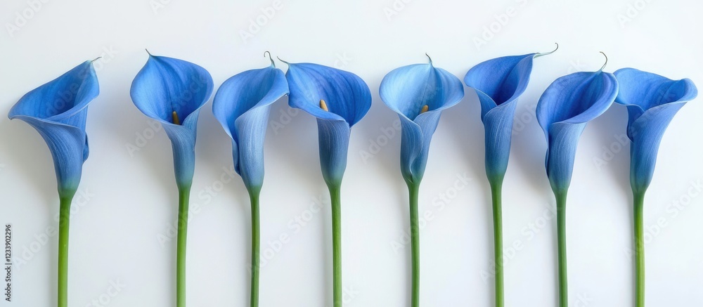 Aufkleber blue calla lilies arranged in a line with green stems on a white background with copy space for text