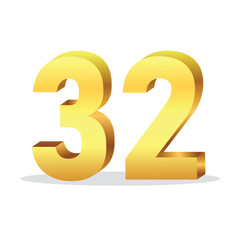3d gold number 32 isolated vector design on white background