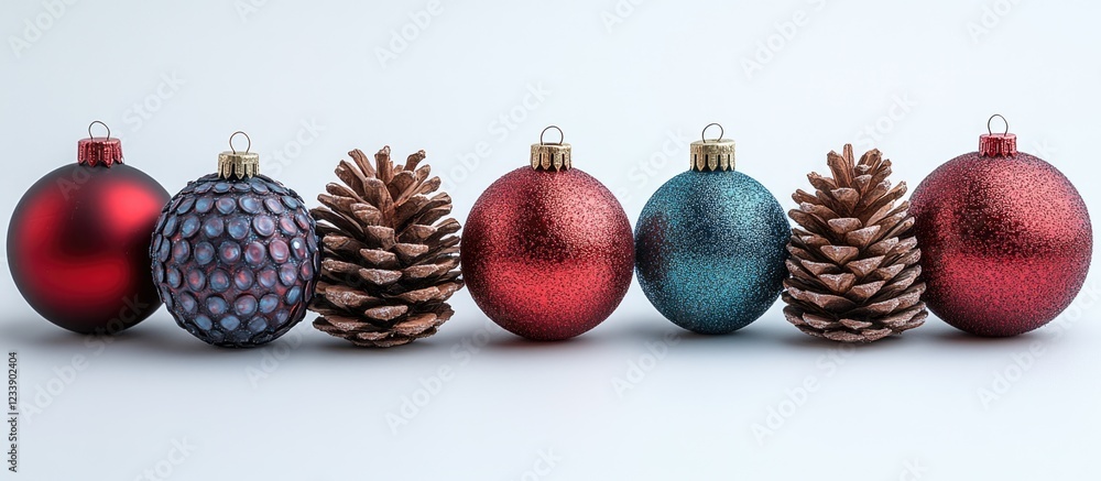 Aufkleber christmas ornaments and pinecones arranged in a row on a white background with copy space for text i