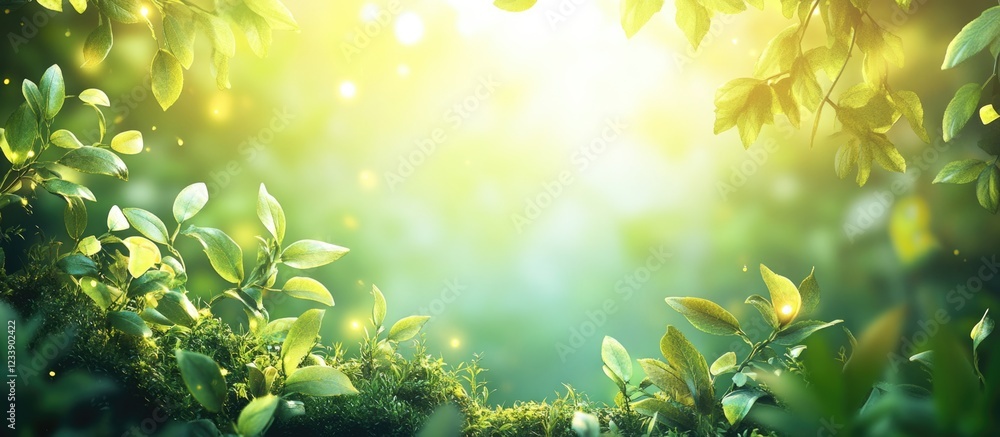 Aufkleber sunlit forest leaves with bokeh effect and copy space