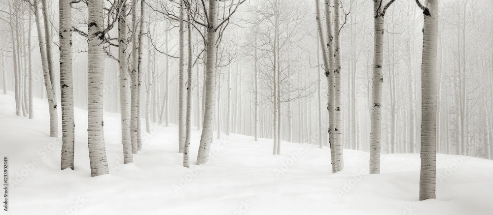 Poster winter forest landscape with bare trees and heavy snowfall creating a misty atmosphere and ample cop