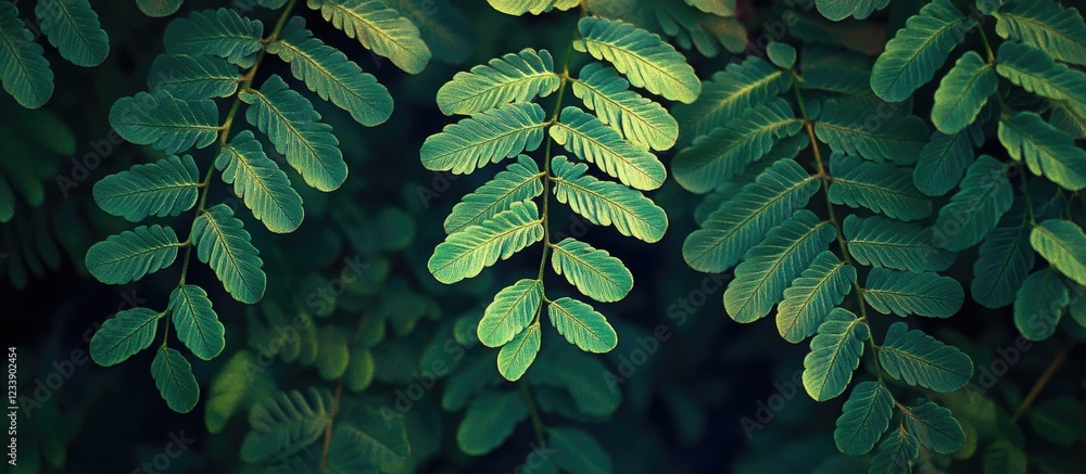 Poster close-up view of lush green fern leaves with intricate patterns and soft lighting nature background 
