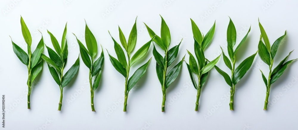 Poster green bamboo leaves arranged in a row on a white background with ample copy space for text or design