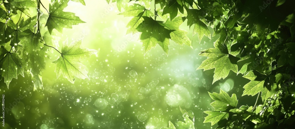 Poster sunlight filtering through lush green maple leaves with bokeh and copy space