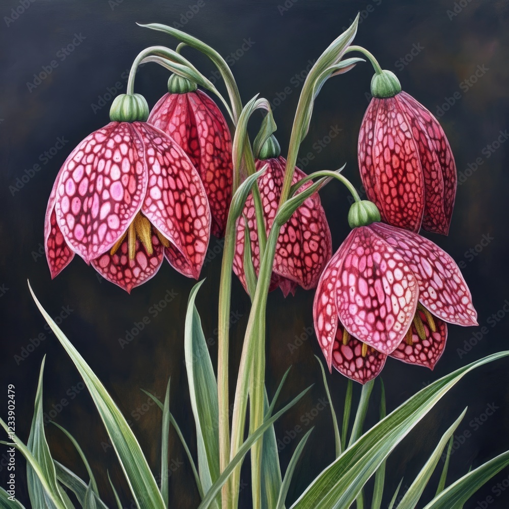 Poster fritillaria flowers in full bloom with intricate patterns against a dark background featuring copy s