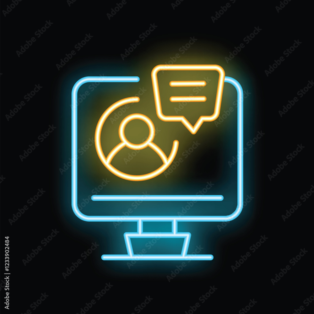 Poster neon user account icon is displayed on a computer screen with a chat bubble, representing online com