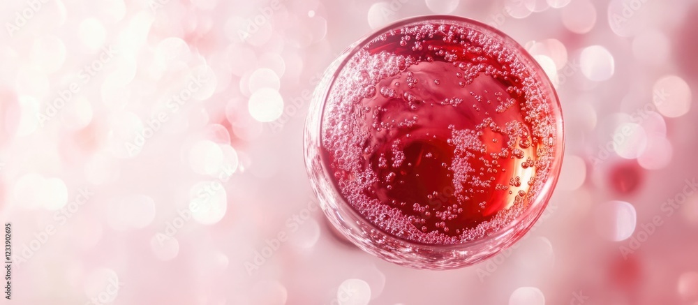 Poster sparkling red beverage in a glass on a blurred pink background with bokeh effect copy space