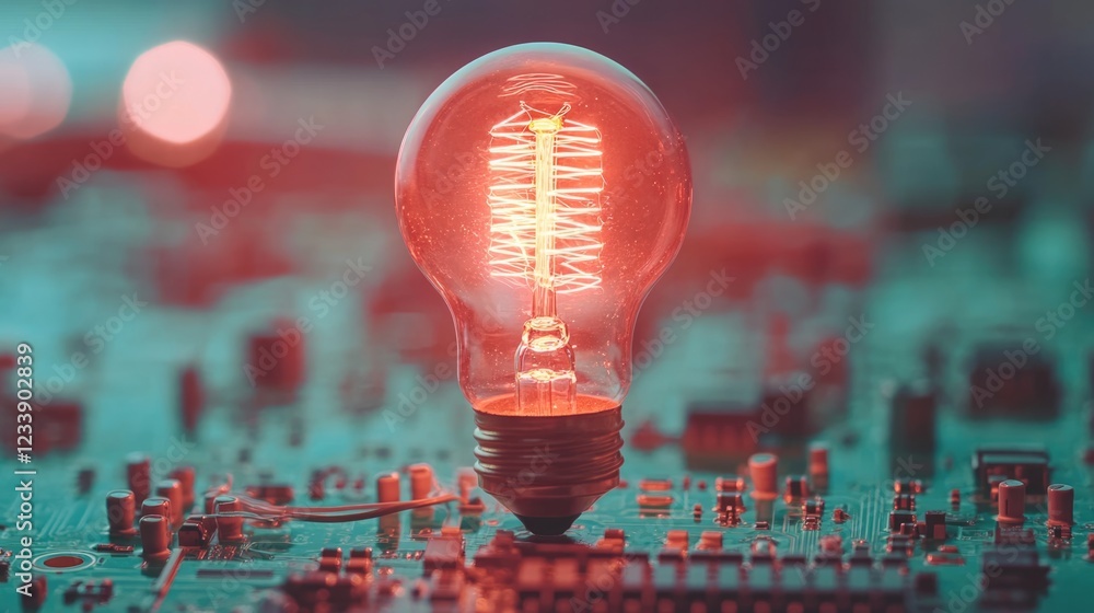 Poster old light bulb glowing on a circuit board with soft focus background and copy space for text placeme