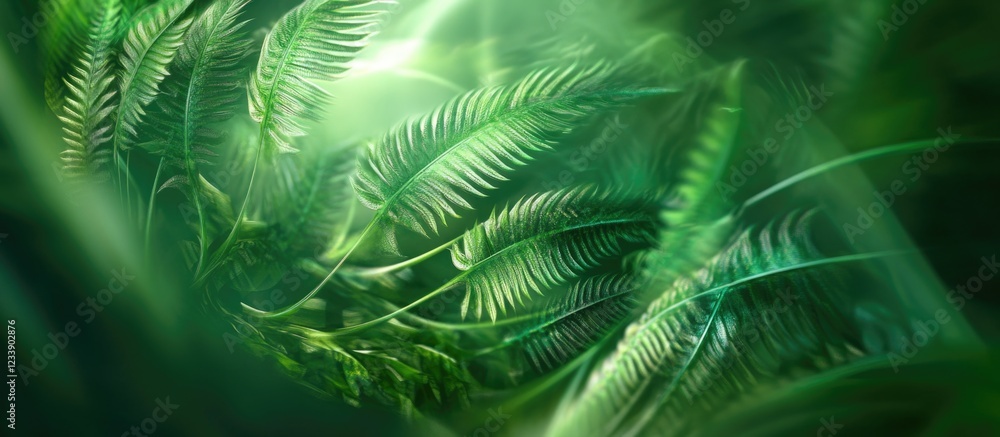 Poster lush green ferns with soft lighting and a blurred abstract background suitable for natural themes an