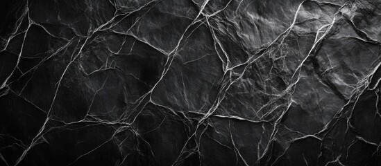 Black textured background with intricate lines and cracks providing a sense of depth and dimension, ideal for layouts with Copy Space.