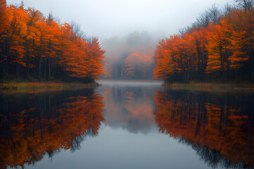 A Thanksgiving gathering where the entire scene is reflected in a crystal-clear lake, creating a mirror image so perfect its difficult to tell where reality ends and reflection begins