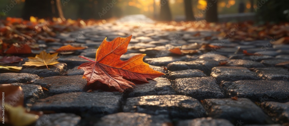Poster autumn leaf on cobblestone pathway with sunlight and trees in background