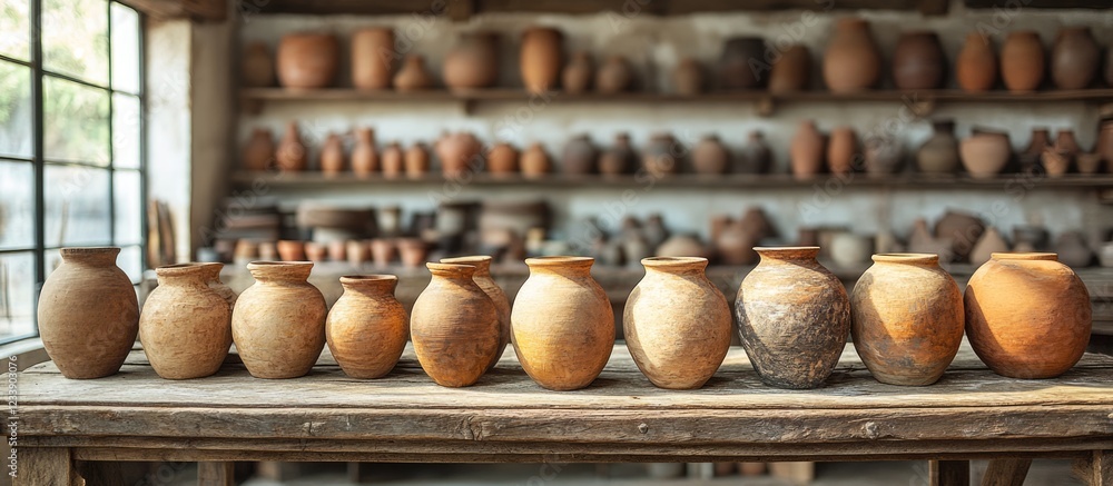 Poster row of handcrafted clay pots displayed on a wooden table with a blurred background of more pottery o