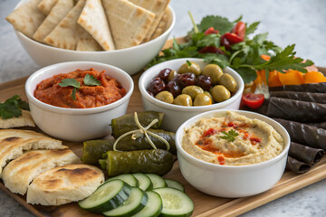 mezze platter featuring small bowls of hummus, baba ghanoush, muhammara, and tzatziki, accompanied by fresh pita, olives, stuffed grape leaves, and sliced cucumbers.