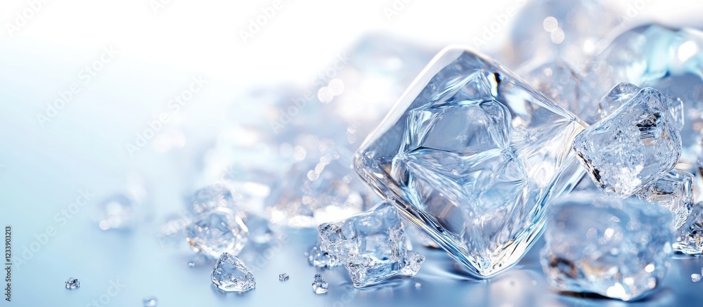 Poster ice cubes on a reflective surface with droplets of water and copy space for text placement