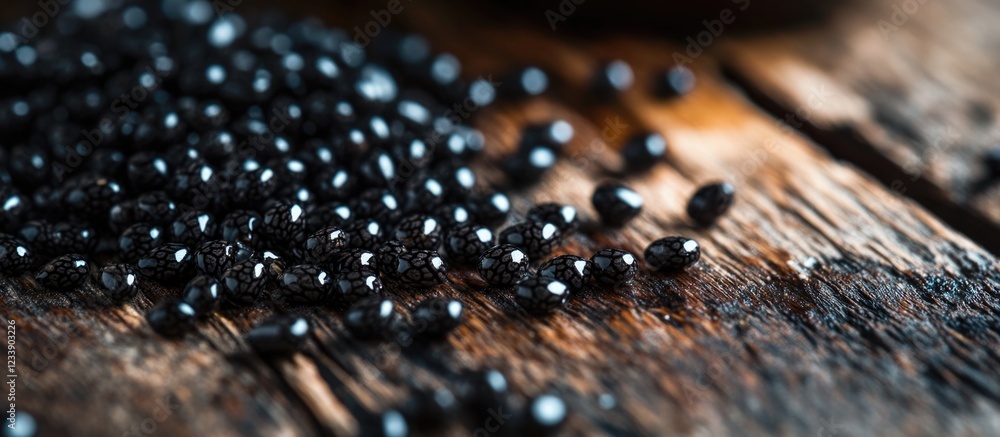Poster black seeds scattered on a wooden surface with a soft focus effect and copy space for text placement