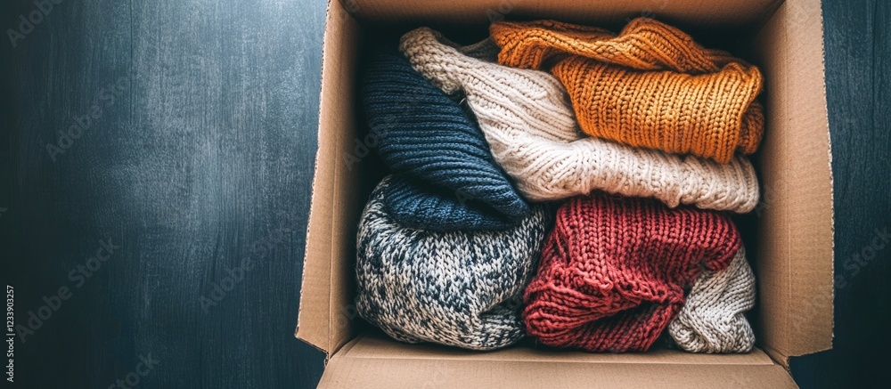 Poster assorted knitted sweaters in a cardboard box on dark surface with potential for copy space.