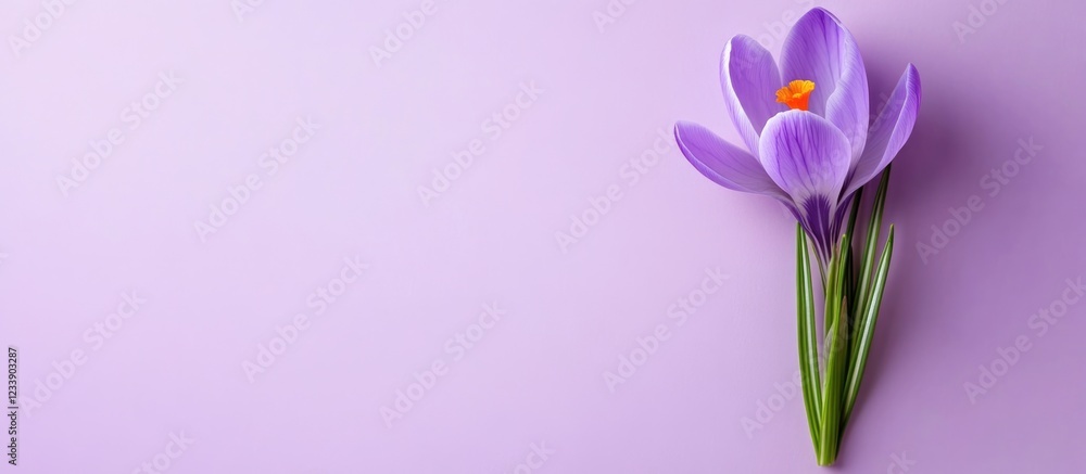Poster vibrant purple crocus flower with green leaves on soft violet background with ample copy space for t