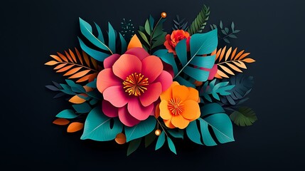 Vibrant floral arrangement featuring colorful flowers and lush leaves against a dark background (2)