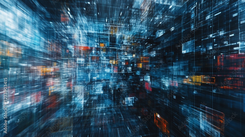 Poster abstract digital grid with blue and red hues depicting data flow and connectivity