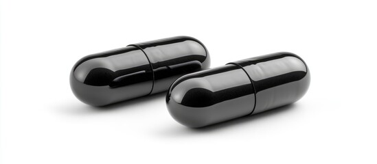 Black gelatin capsules on white background with reflection and Copy Space