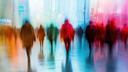 Obraz premium Dynamic street scene of blurry figures walking urban center photography colorful environment artistic perspective