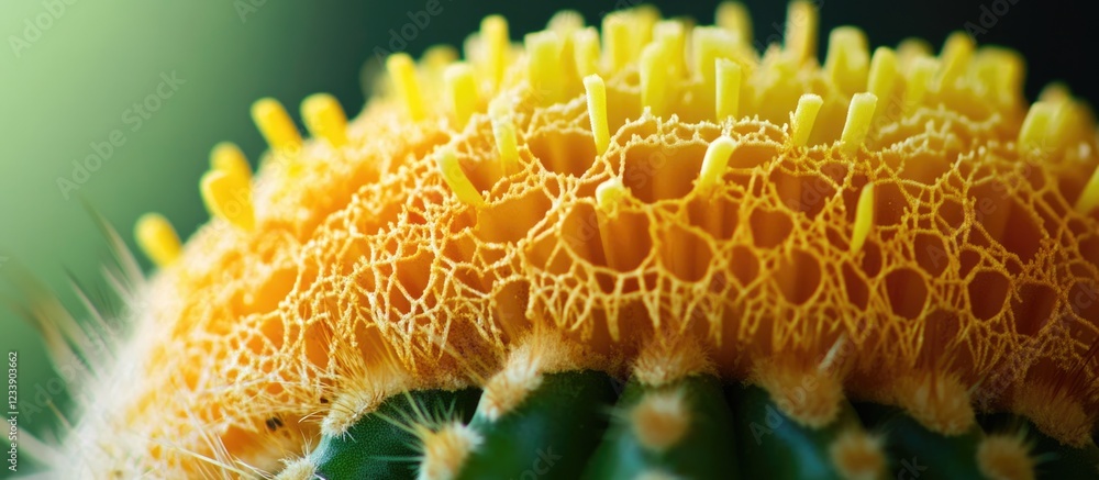 Poster Close-up macro shot of cactus flower structure with yellow pollen and intricate texture details Copy Space