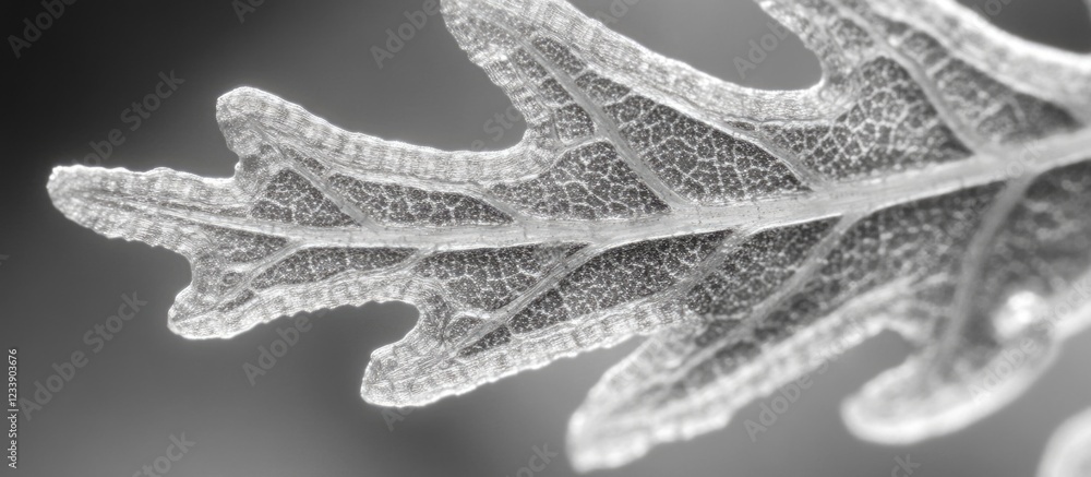Poster close-up of frost-covered leaf in black and white with detailed vein patterns and copy space for tex