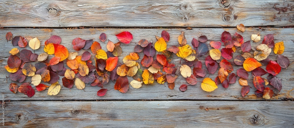 Poster assorted colorful autumn leaves on rustic wooden background with copy space