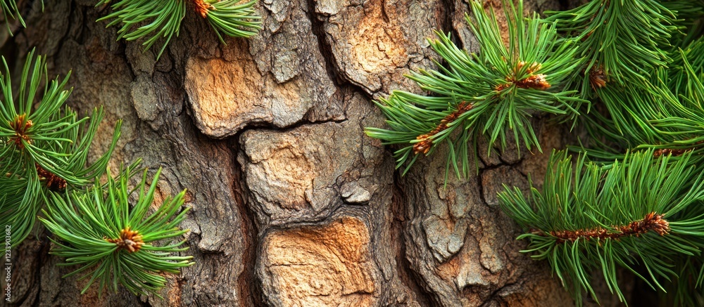 Poster pine tree bark texture with green needles close-up detailed view natural background with copy space
