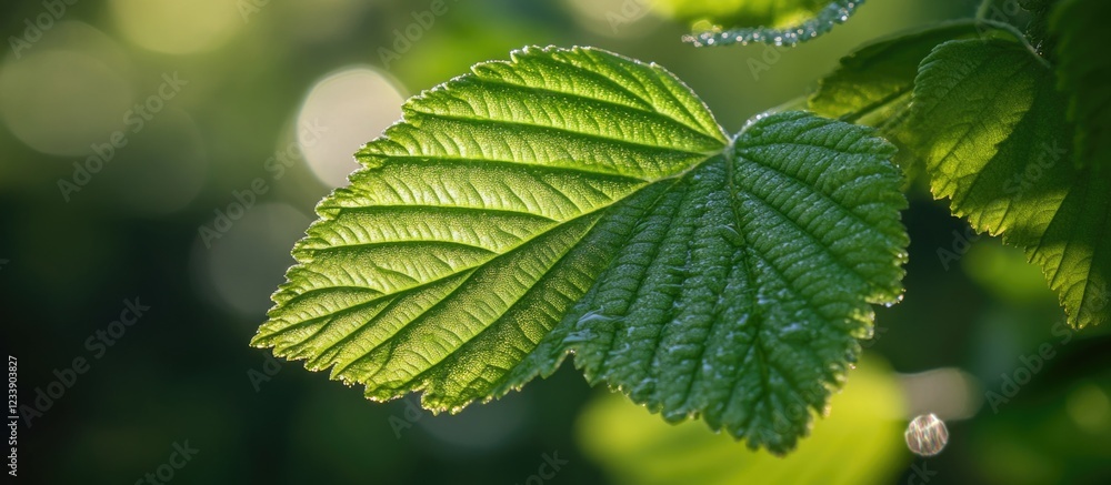 Aufkleber close-up of green raspberry leaves with sunlight filtering through in a natural setting