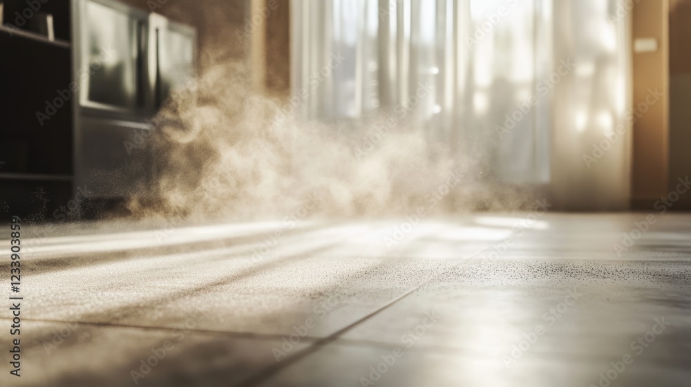 Aufkleber mist rising from a sunlit floor with soft shadows and blurred background, indoor atmosphere with cop