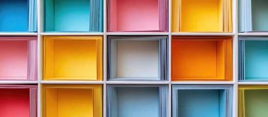 Colorful grid of empty square shelves with various vibrant backgrounds.