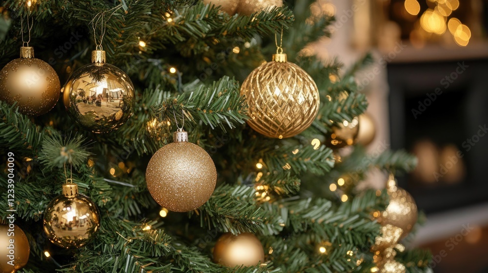 Poster golden christmas tree decorations with warm lights and soft bokeh effect in background copy space