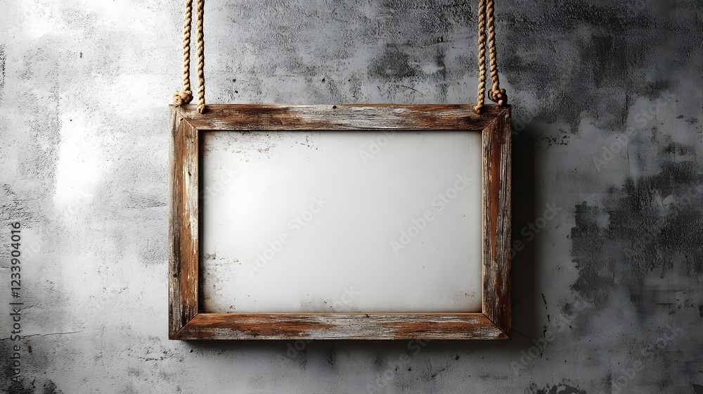 Poster wooden frame suspended by ropes against a weathered textured gray concrete wall backdrop blank empty