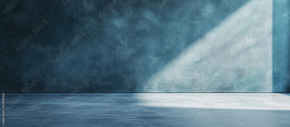 Poster abstract empty room with textured blue walls and floor, sunlight streaming in from corner, copy spac