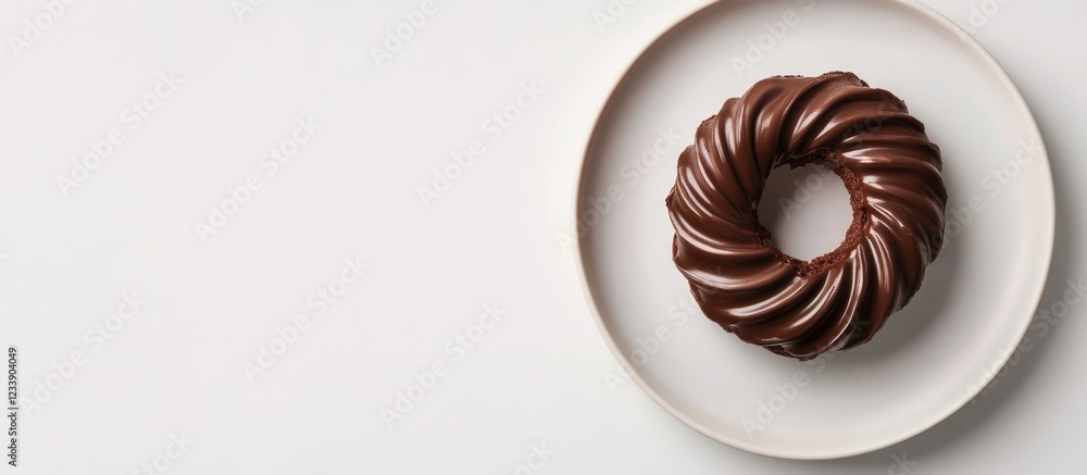 Poster chocolate donut with a glossy icing on a white plate against a plain background with copy space